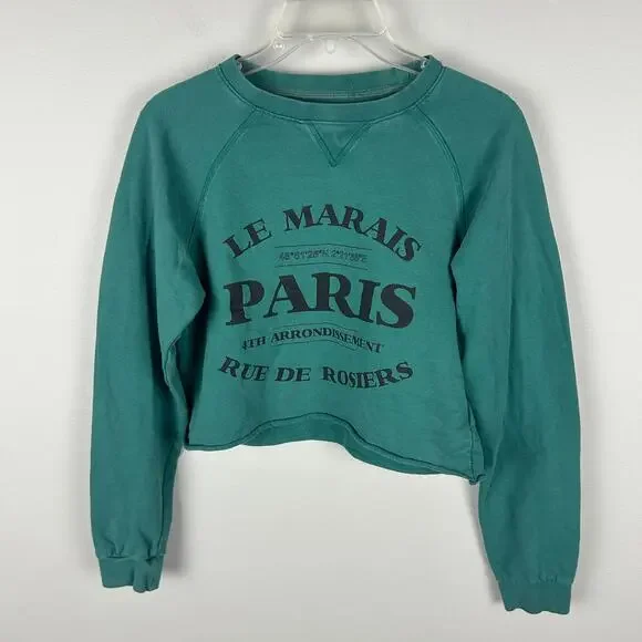 Anthropologie Green Paris Graphic Long Sleeve Cropped Crew Neck Sweatshirt S - Picture 1 of 6
